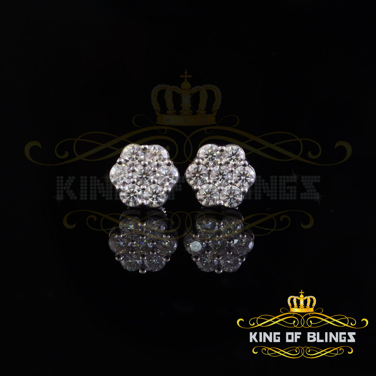King of Bling's New Men's/Womens 925 Silver White 2.25ct VVS 'D' Moissanite flower Stud Earrings