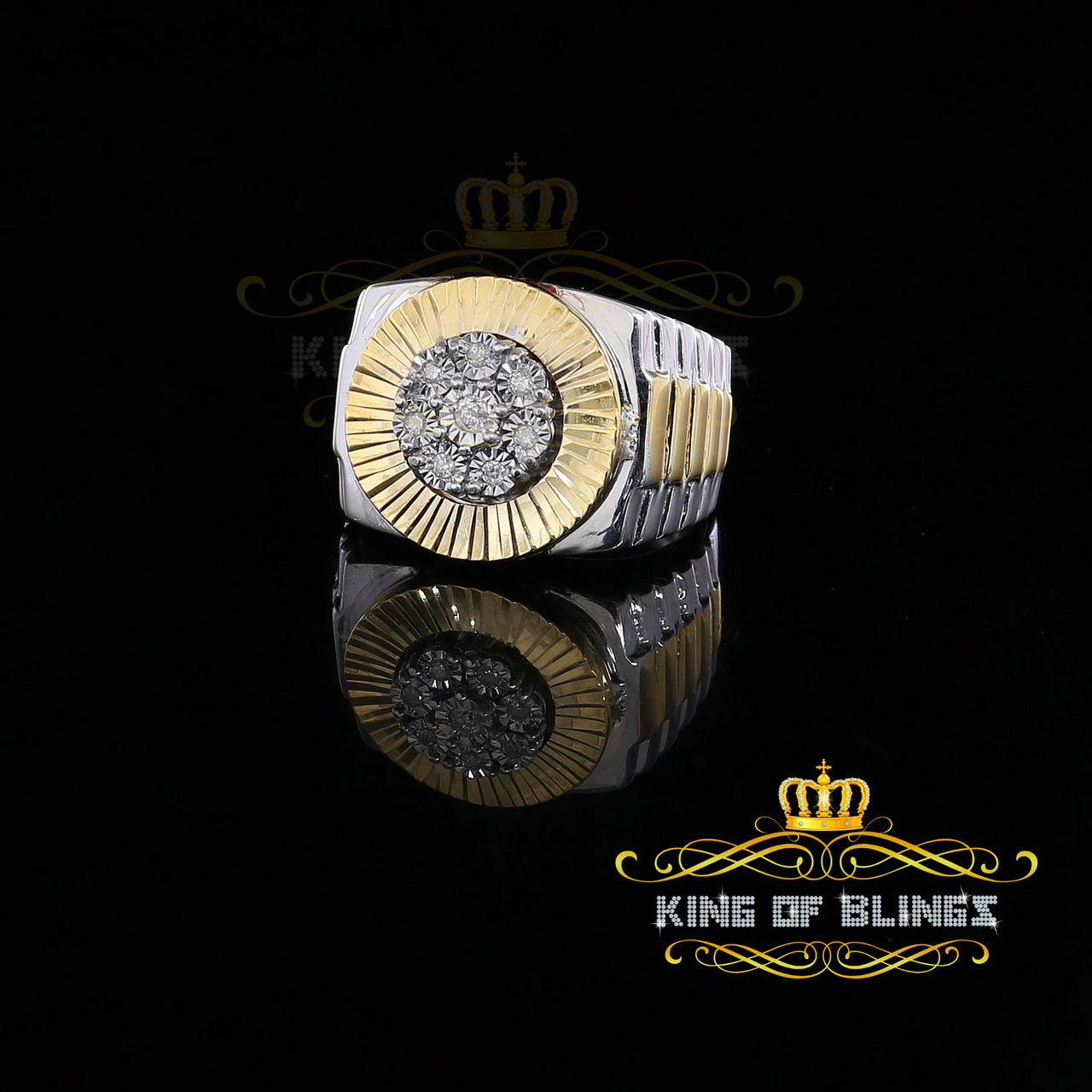 King Of Bling's 0.15CT Real Diamond Men's Sterling Silver Two Tone Ring Size 9 in White