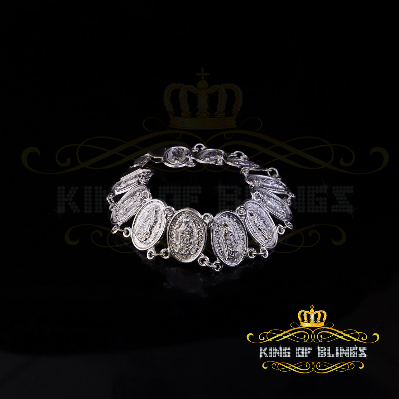 KING OF BLINGS Big Look White 925 Sterling Silver Women's Oval Shape Virgin Mary Bracelet SZ 8