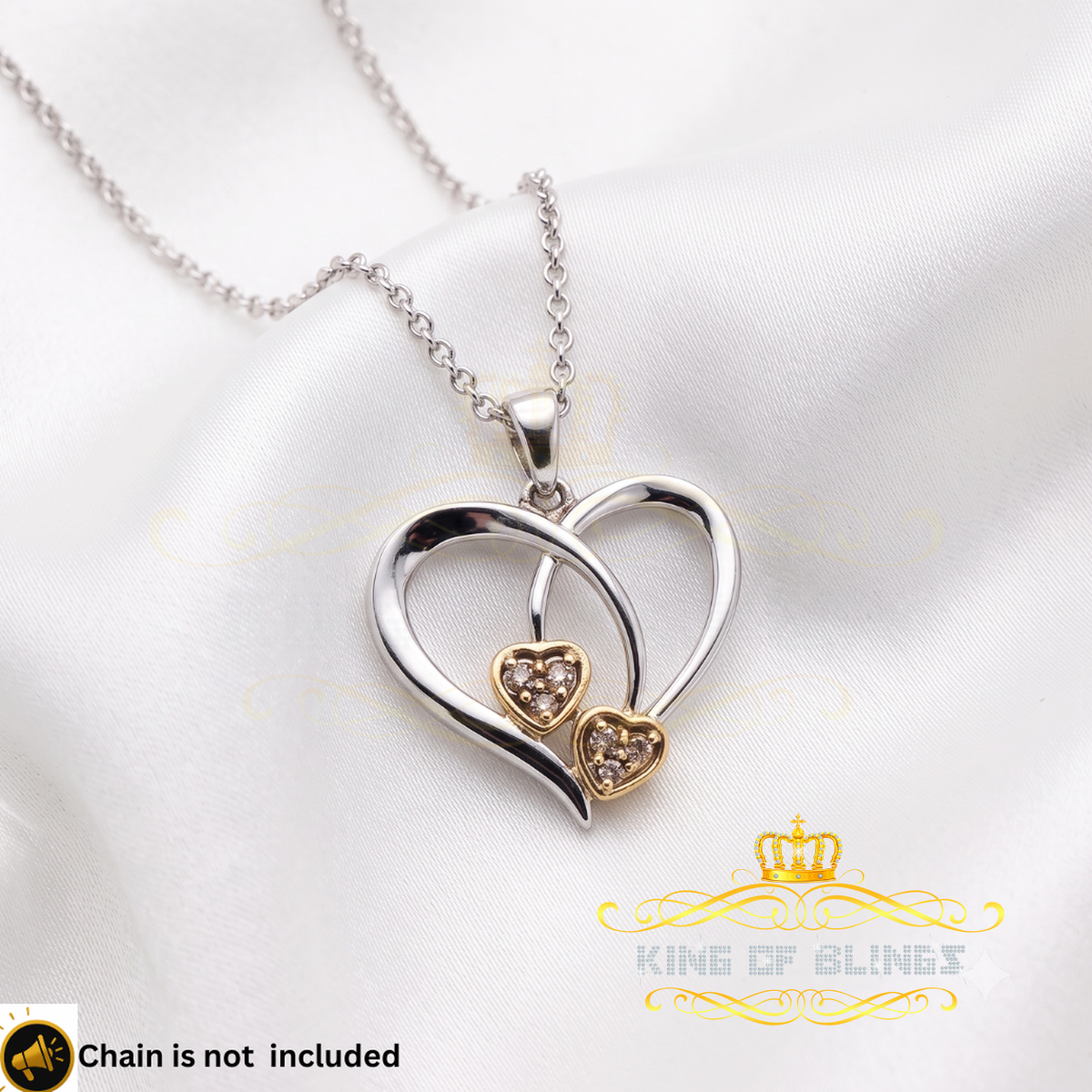 King Of Bling's 0.03CT Real Diamond Double HEART Sterling Silver with White Charm Pendant KING OF BLINGS