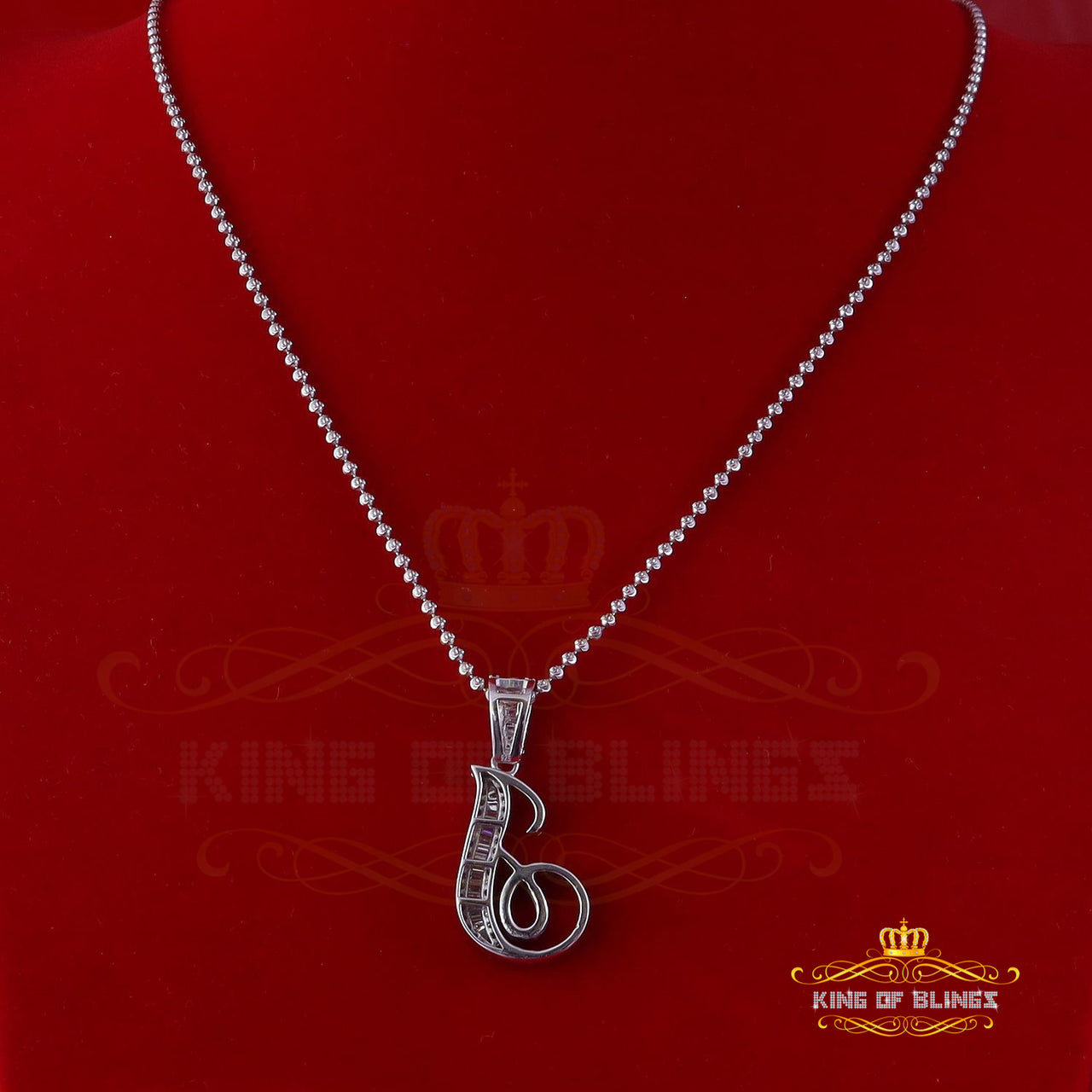 King Of Bling's 925 White Silver 1.50ct VVS D Clr. Moissanite J Letter Baguette Pendant for Mens/Women's