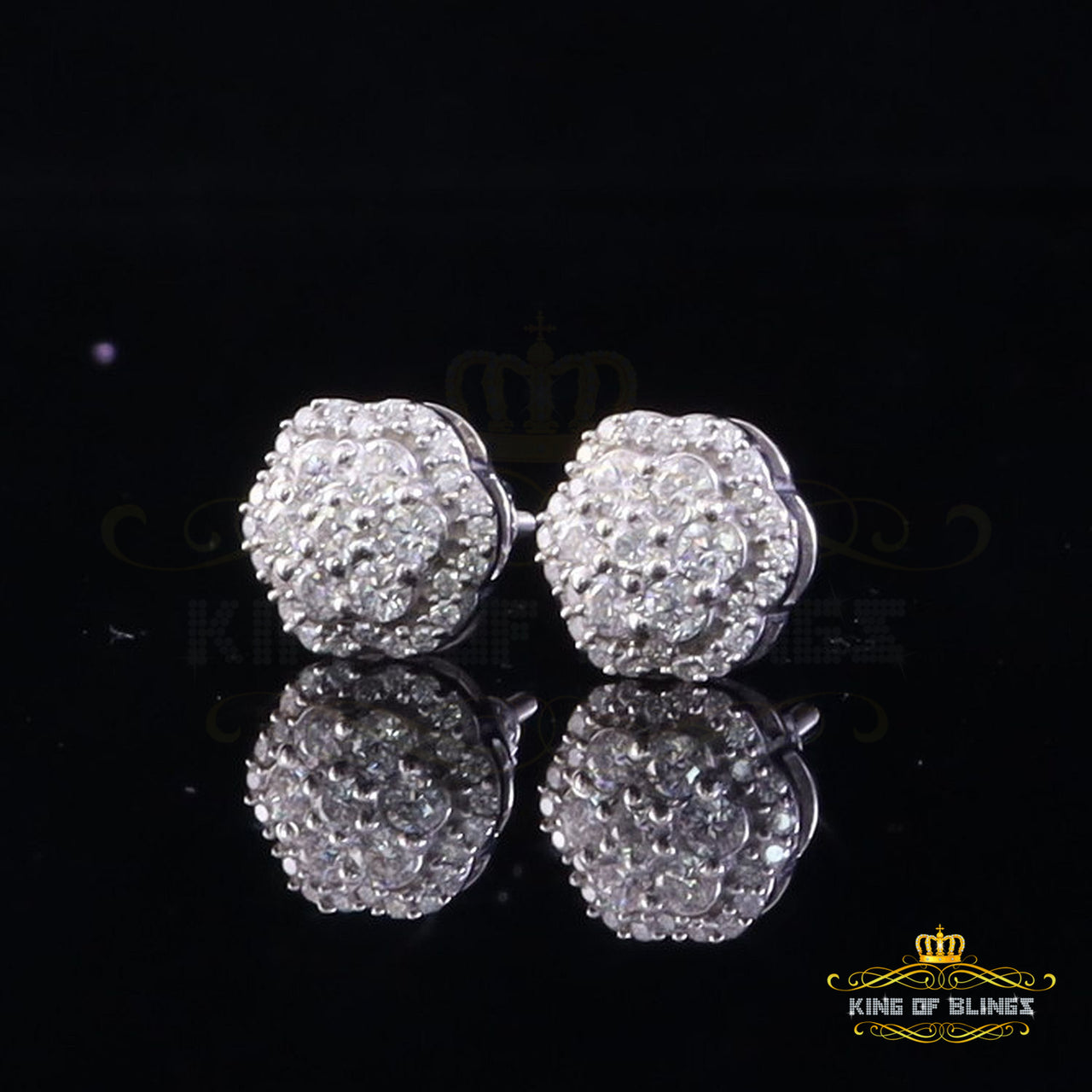 King of Bling's 925 Sterling Silver White Floral Earrings For Men's & Women's Moissanite 1.00ct