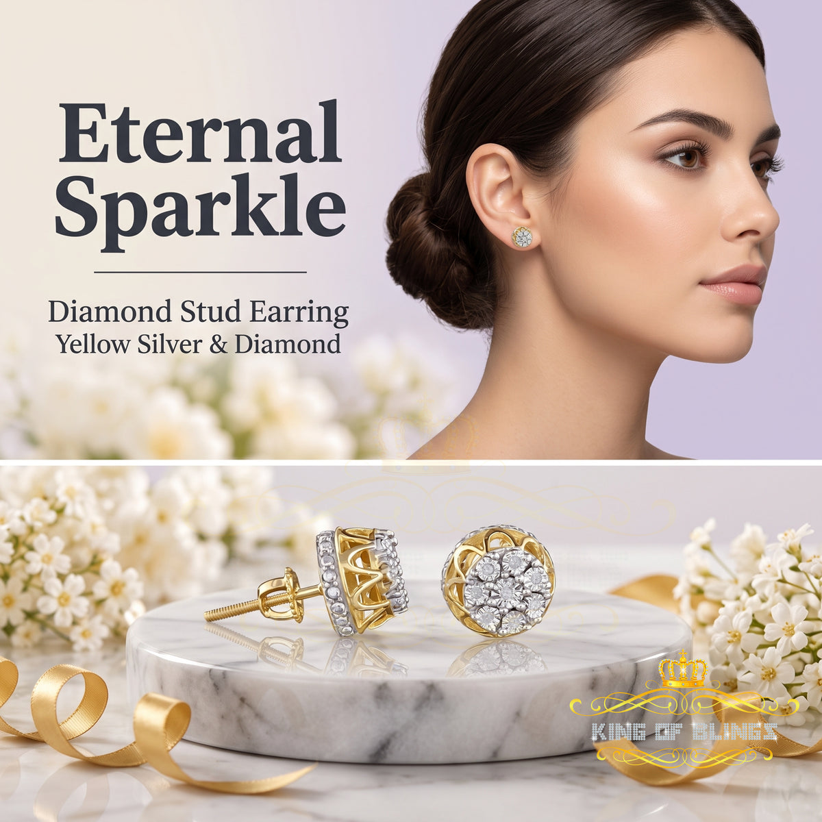 King Of Bling's 0.05ct Diamond Stud Earrings For Women Yellow 925 Sterling Silver Stud For Men KING OF BLINGS