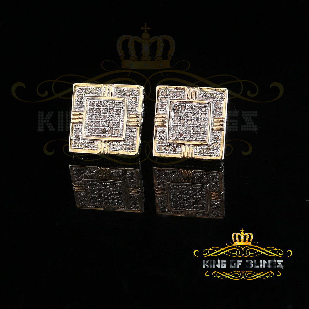 King of Blings-925 Sterling Silver Yellow Hip Hop 0.30ct Diamond Men's/ Women's Square Earrings