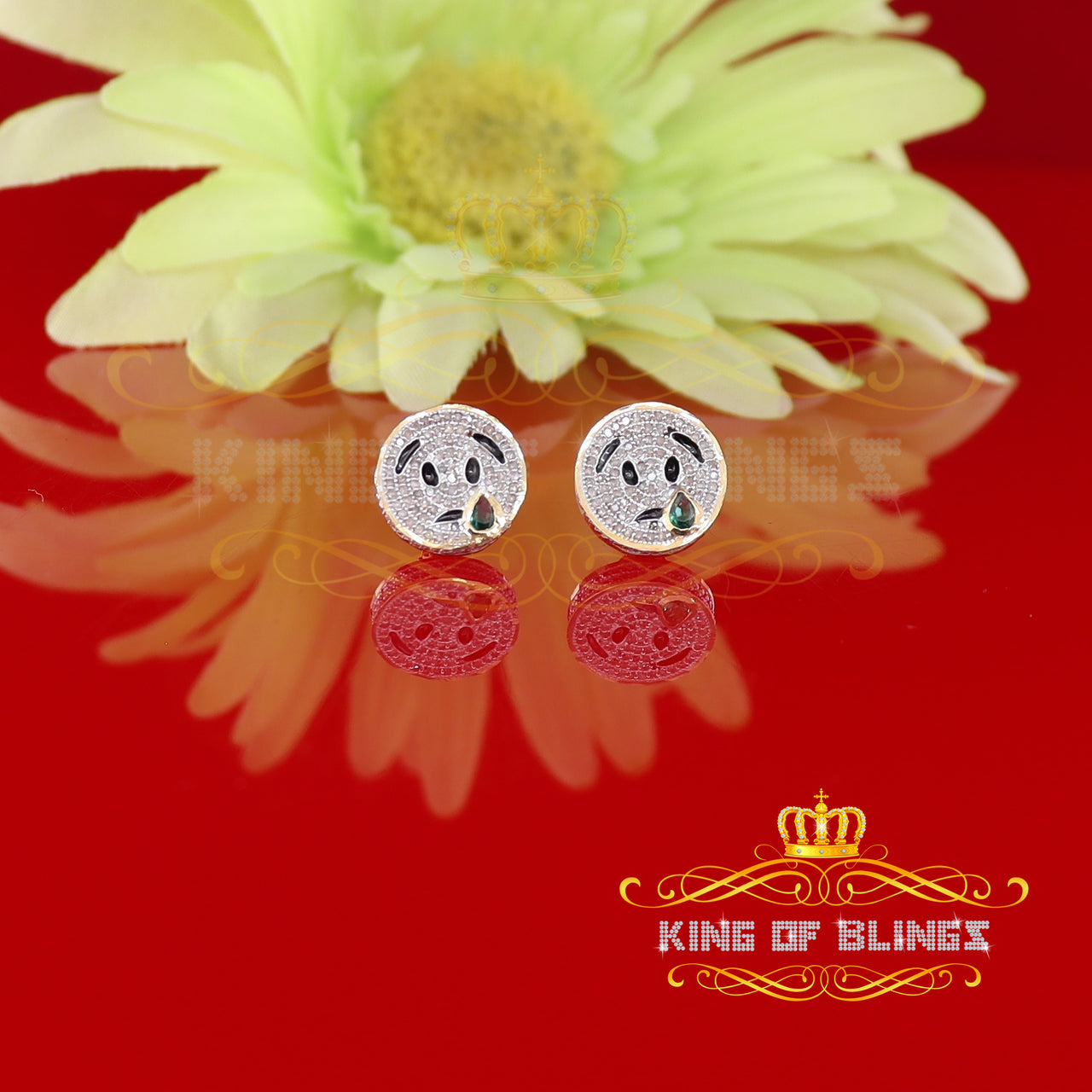 King of Blings-925 Sterling Yellow Silver 0.33ct Diamond Men's & Women's SAD Emoji Earring