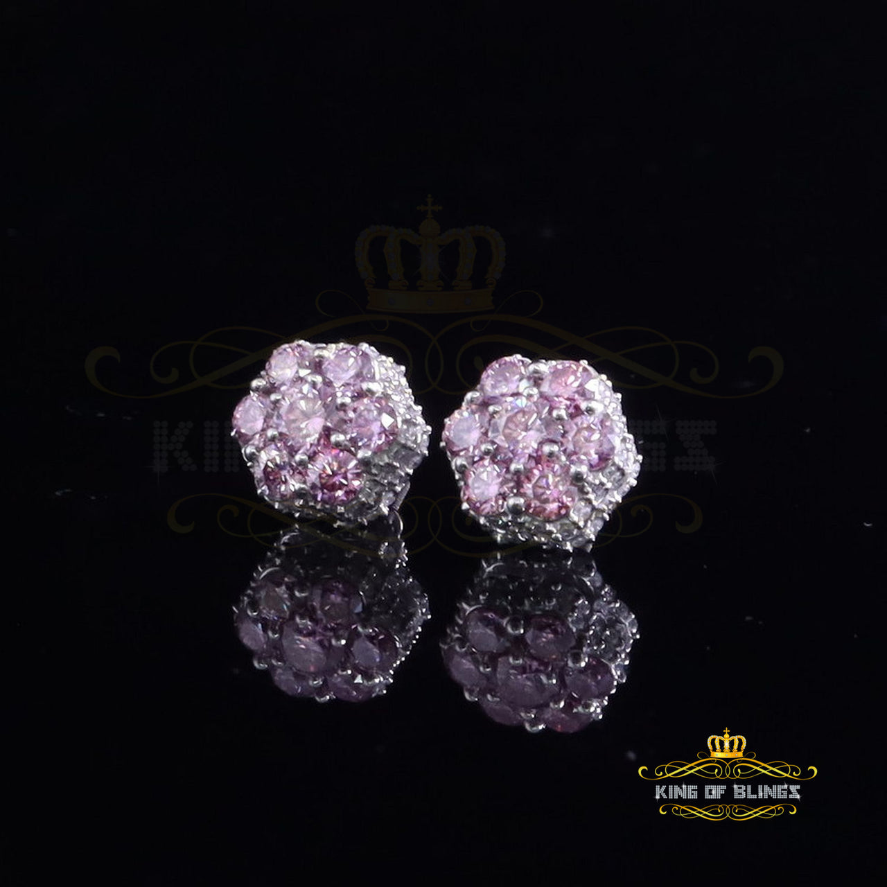 King of Bling's Men/Women's 925 Silver White 2.50ct VVS D Pink Moissanite 7 stone Stud Earrings