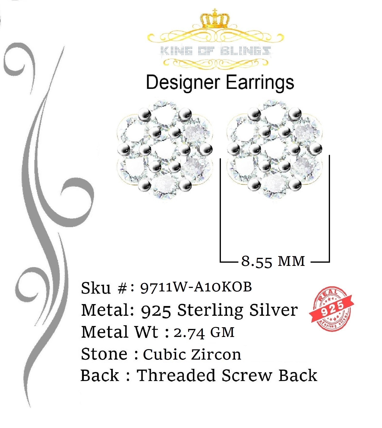King of Blings- Cubic Zirconia 925 White 2.66ct Sterling Silver Women's Hip Hop Floral Earrings KING OF BLINGS