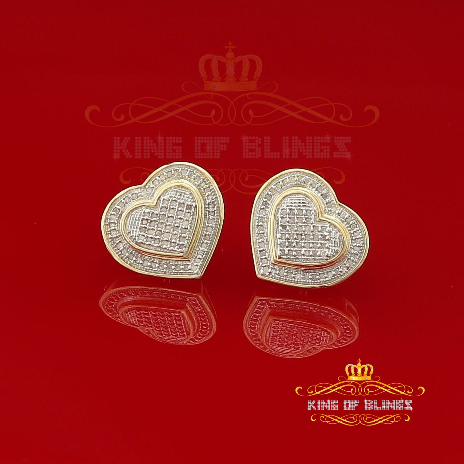 King of Blings-Aretes Para Hombre Heart 925 Yellow Silver 0.33ct Diamond Women's Style Earrings KING OF BLINGS