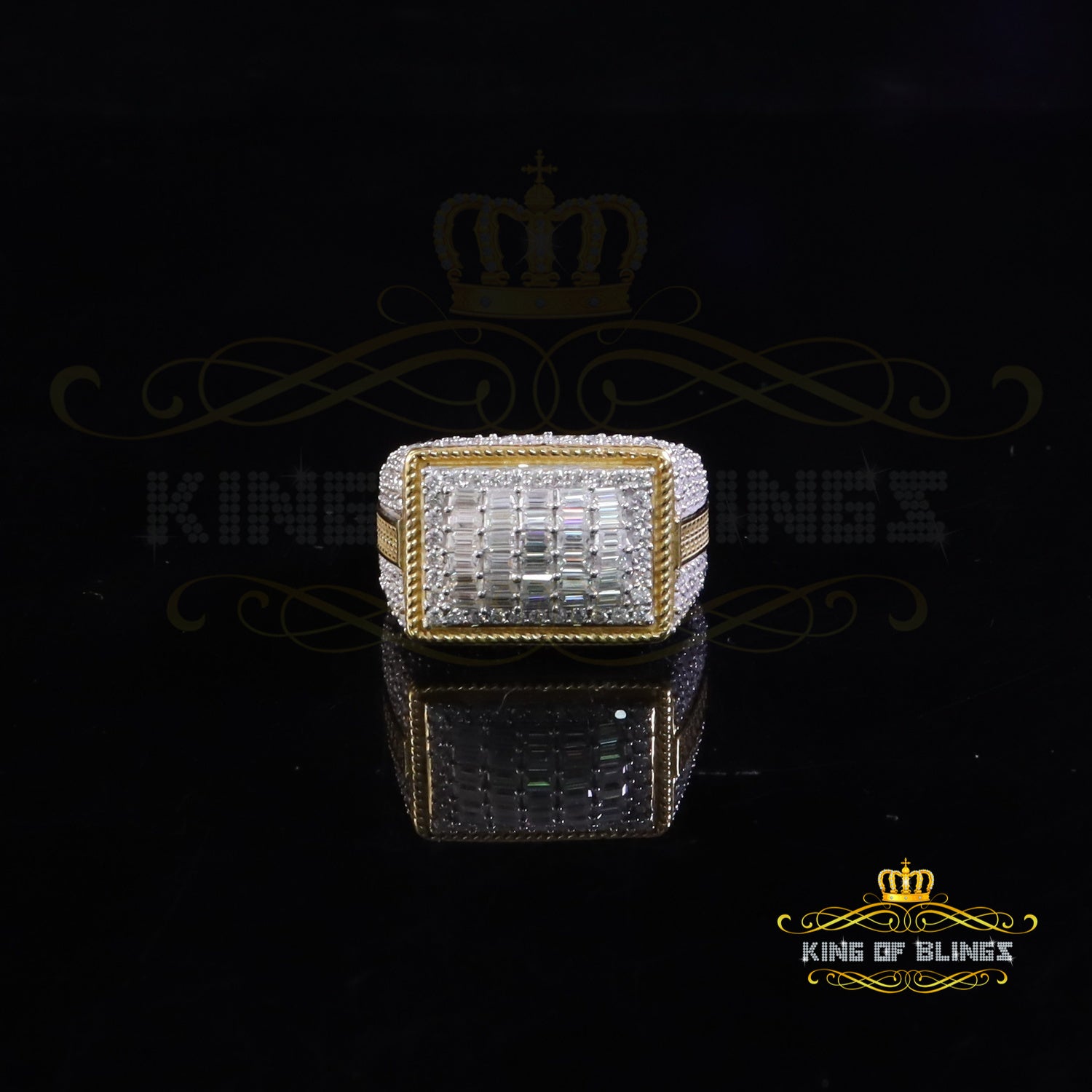 King of Bling's Men's/Womens 4.50ct VVS 'D' Moissanite Yellow 925 Silver Rectangle Rings Size 10 King of Blings