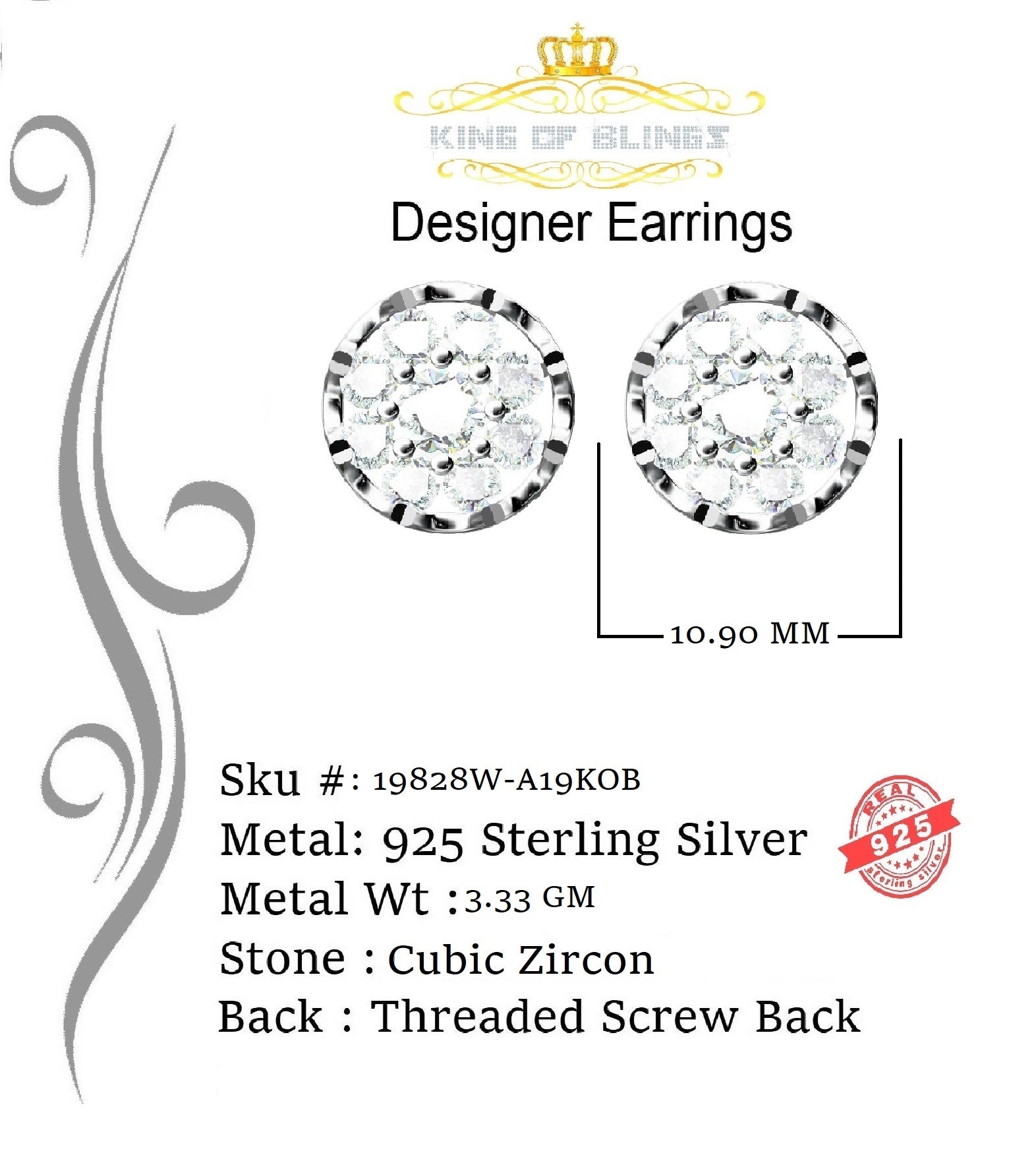 King of Blings- 3.20ct Cubic Zirconia 925 White Sterling Silver Hip Hop Flower Ladies Earrings KING OF BLINGS