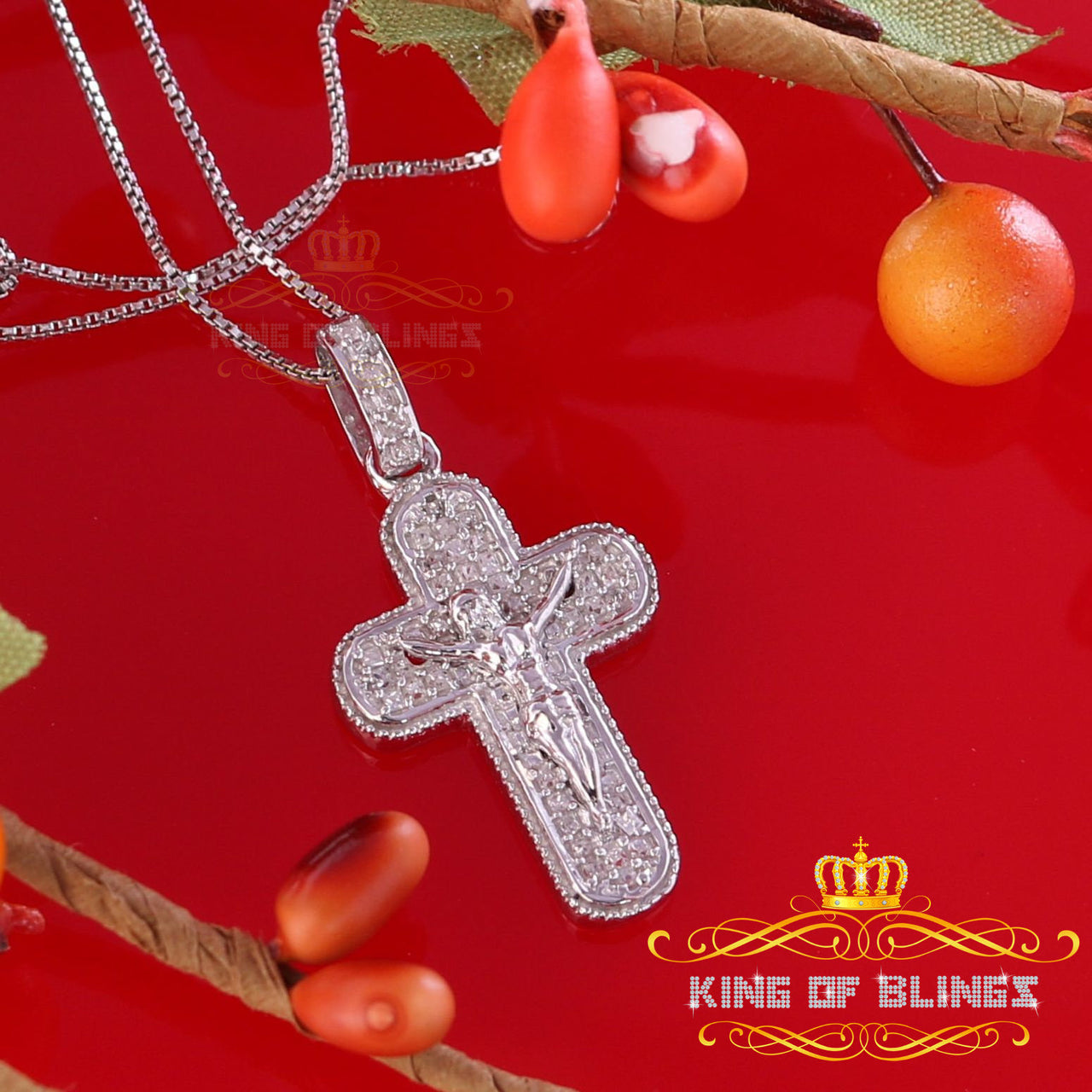 King Of Bling's Real 0.25ct Diamond Sterling Silver JESUS CROSS Charm Necklace Pendant in White