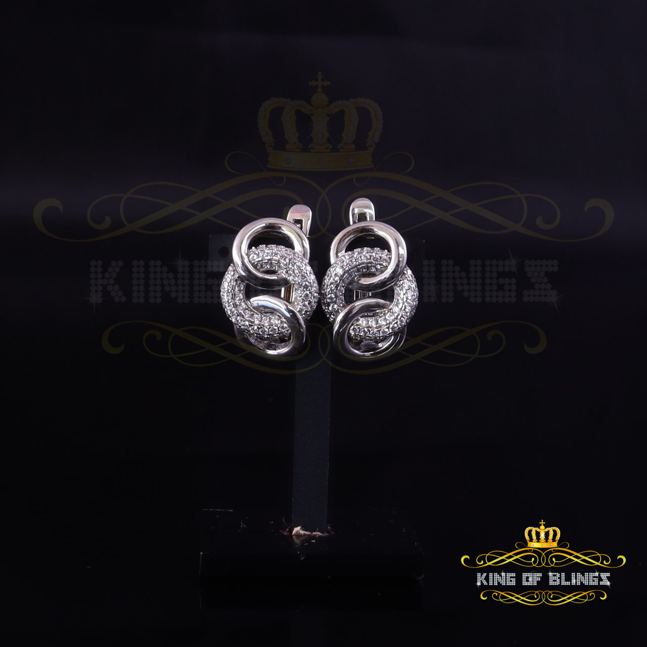 King of Bling's 1.00ct Sterling White Silver Round Dangling Hip Hop For Women's & Men's Earring