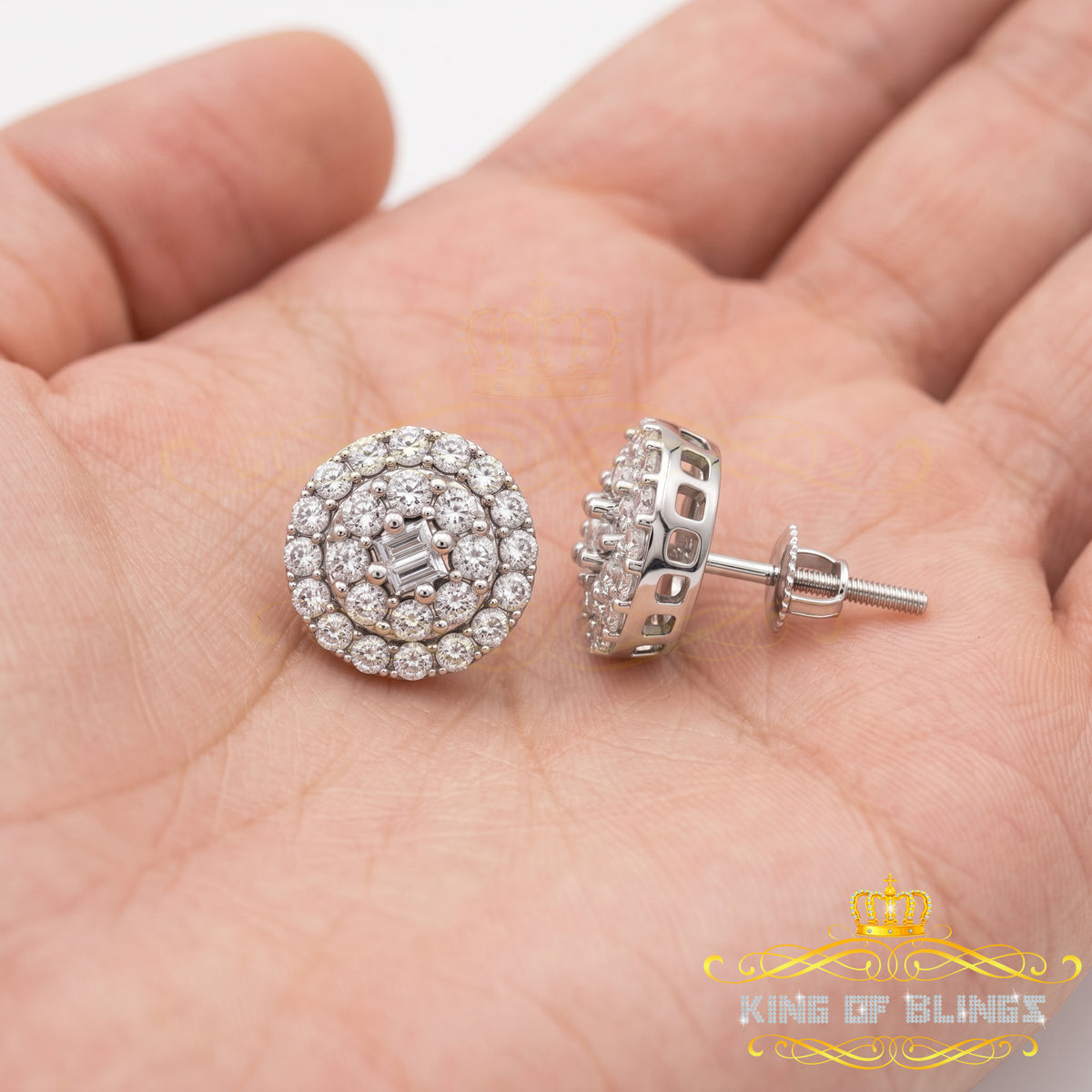 King of Bling's Aretes Para Hombre 925 White Silver 1.86ct Cubic Zirconia Round Women's Earrings KING OF BLINGS