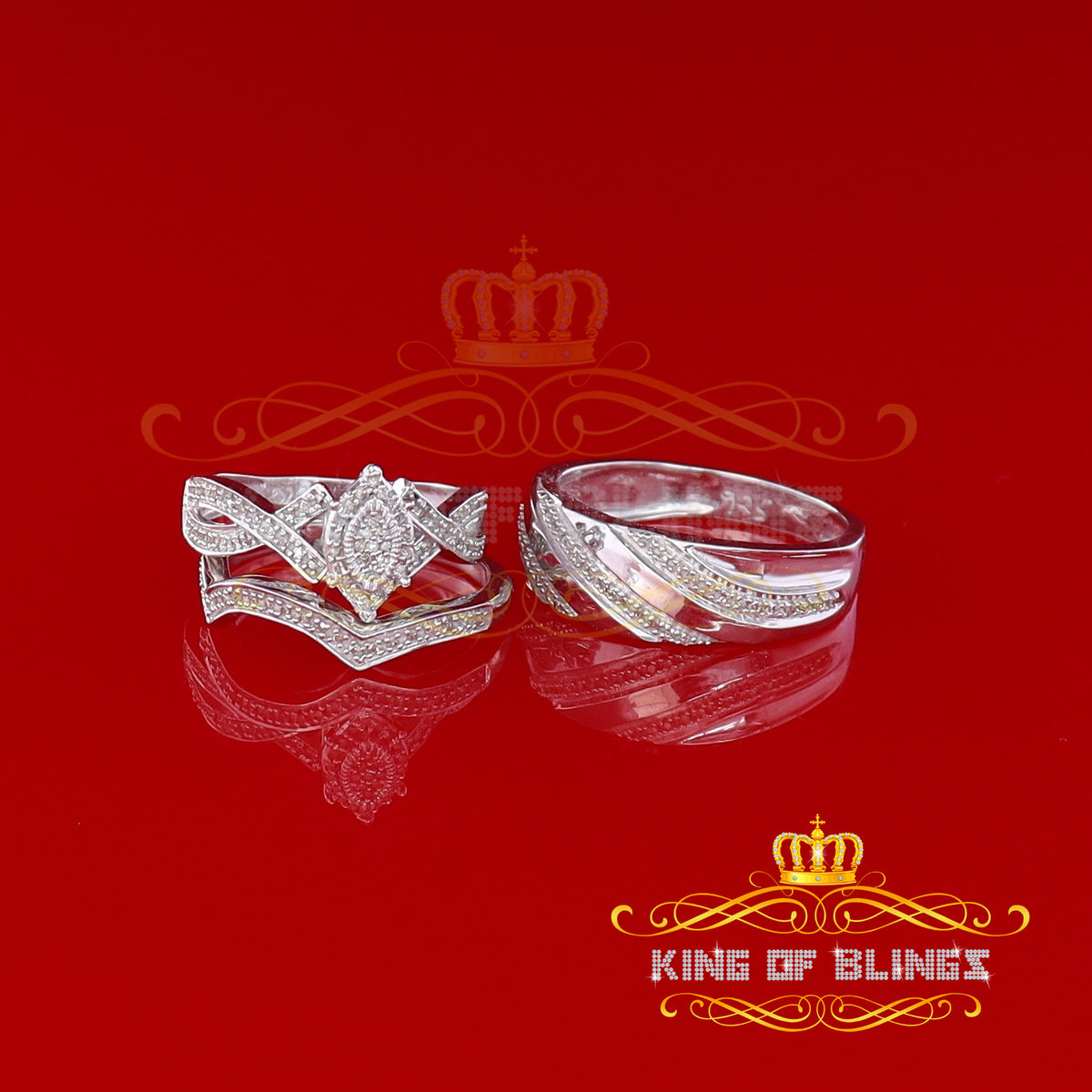 King Of Bling's 0.33CT Real Diamond Men's SZ 10 & Women's SZ 7 Trio Sterling Silver White Ring KING OF BLINGS