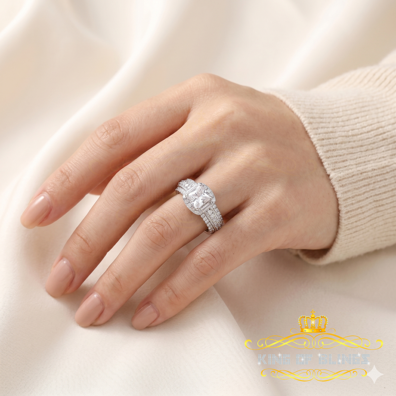 King Of Bling'sSterling White Silver 1.75ct Cubic Zirconia Square Wedding Womens Ring Size 7