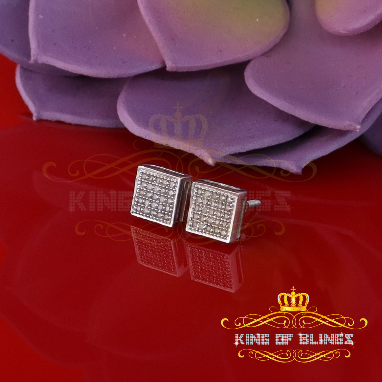 King Of Bling's 925 White Sterling Silver 0.15ct Diamond For Women's & Men's Square Earrings