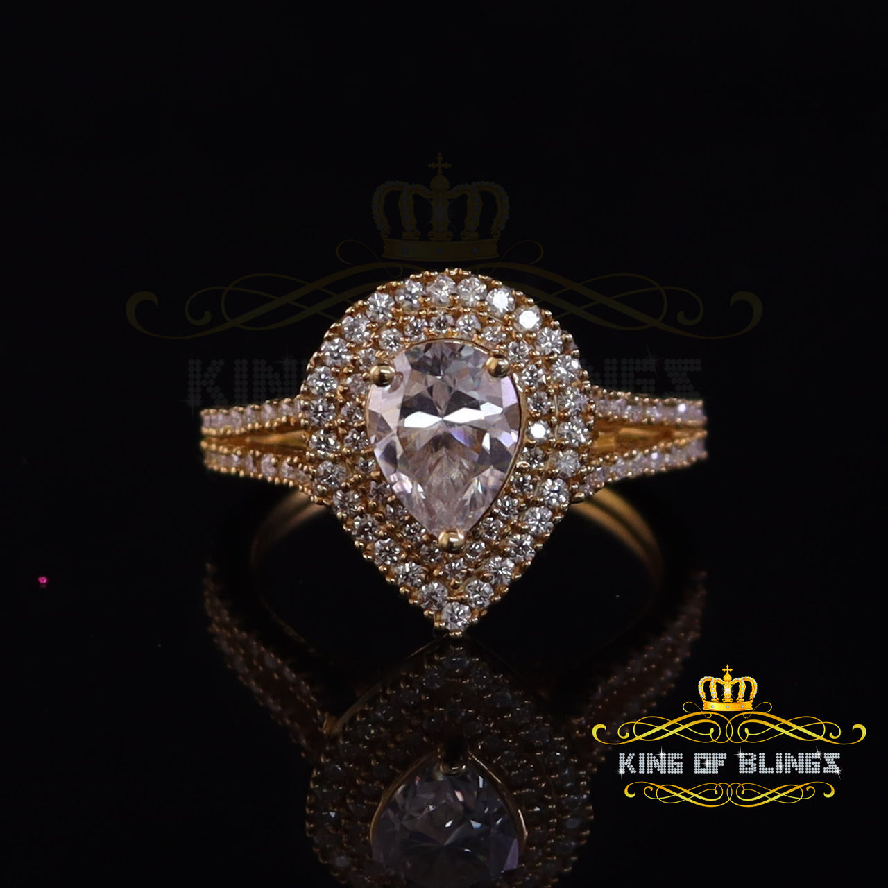 King Of Blings  10K Yellow Gold 2.00CT 'VVS' 'FL' D clr Pear Cut Moissonite Womens Ring Size 7