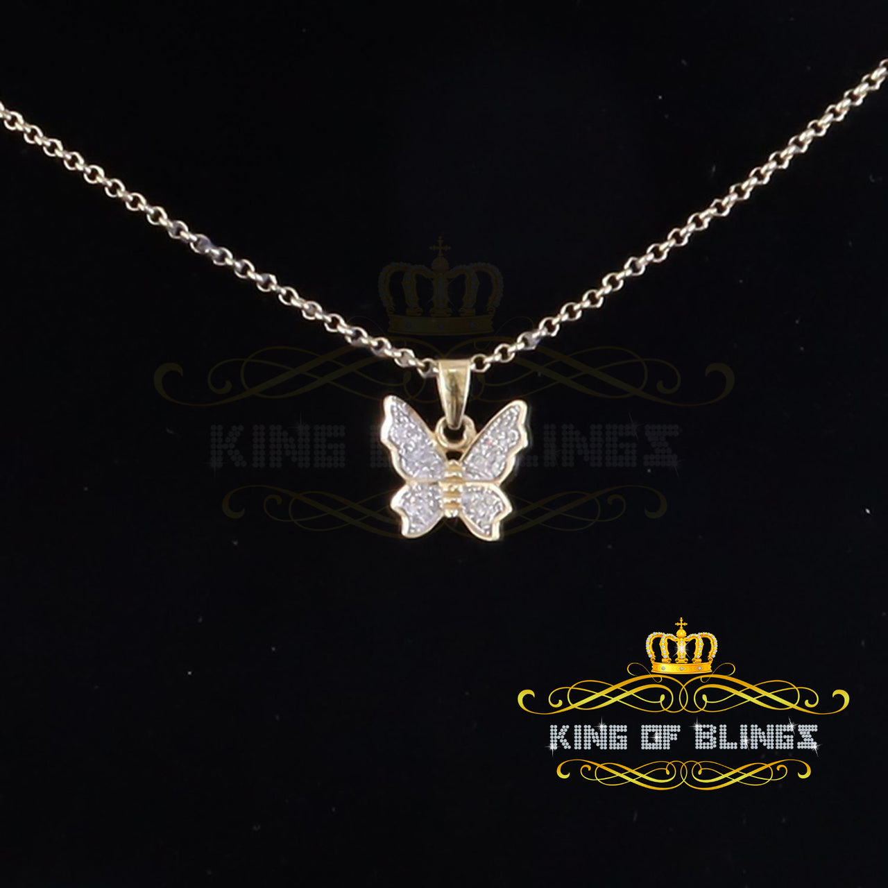 King Of Bling's 925 Sterling Silver 0.10CT Real Diamond with Butterfly Yellow Necklace Pendant