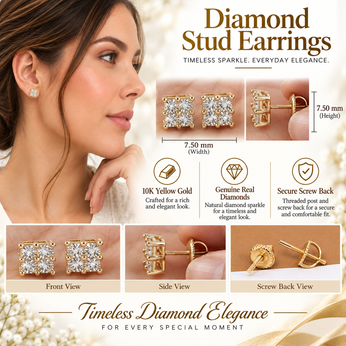 King Of Bling's 0.05ct Diamond Stud Earrings For Women Yellow 925 Sterling Silver Stud For Men KING OF BLINGS