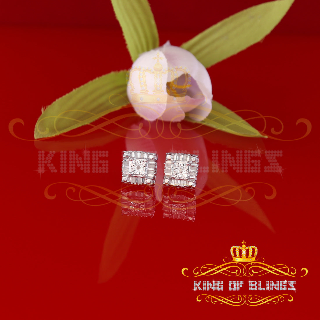 King Of Bling's Aretes Para Hombre White 925 Silver 0.20ct Diamond Men & Women Square Earrings