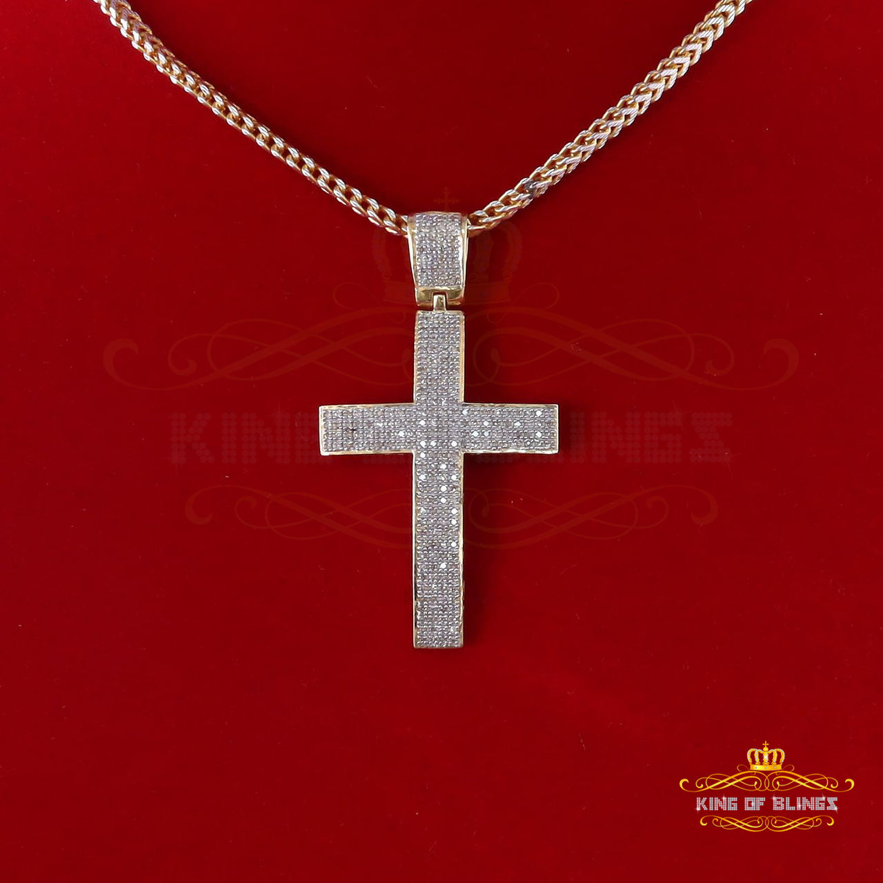 King Of Bling's Real 0.85ct Diamond 925 Sterling Silver CROSS Charm Necklace Pendant in Yellow