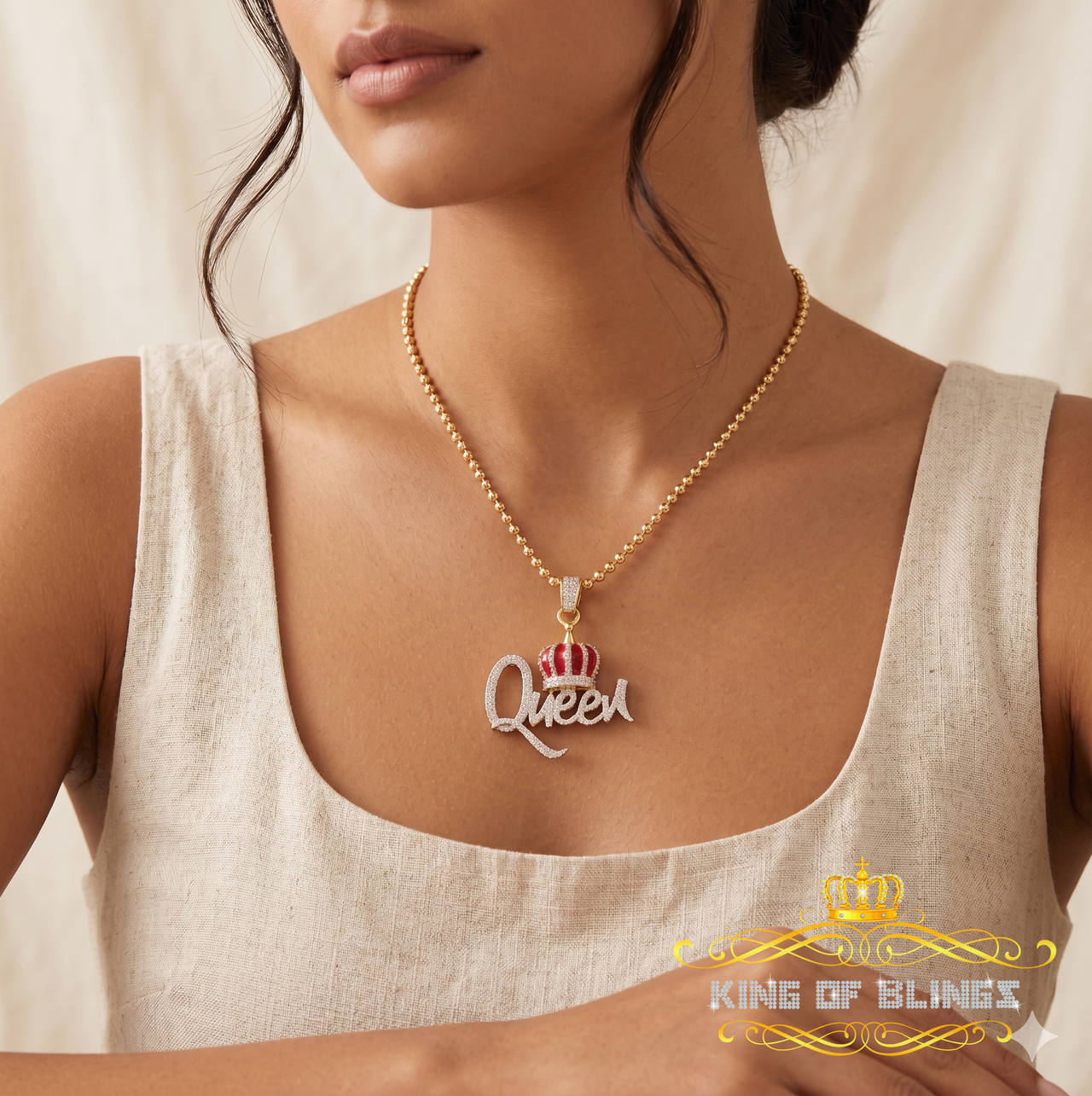 King Of Bling's King 2ct Real Moissanite Sterling Silver Yellow "QUEEN with CROWN BELL Pendant