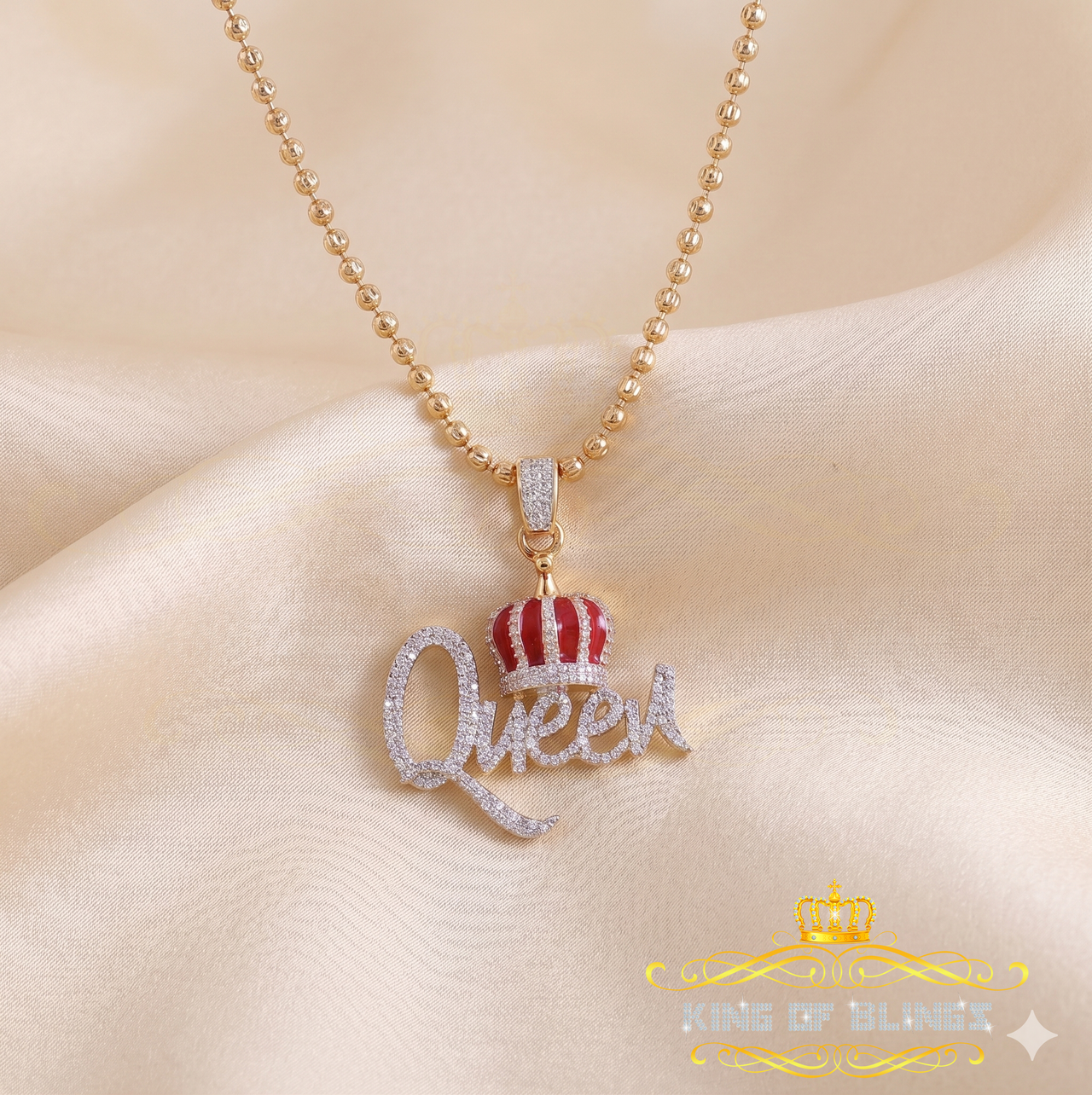 King Of Bling's King 2ct Real Moissanite Sterling Silver Yellow "QUEEN with CROWN BELL Pendant