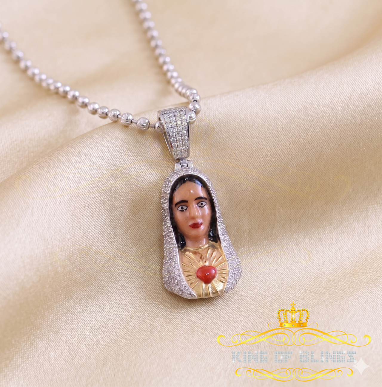 King Of Bling's 925 Silver White Immaculate Heart MOTHER MARY 1.70 inch Pendant 3ct Moissanite