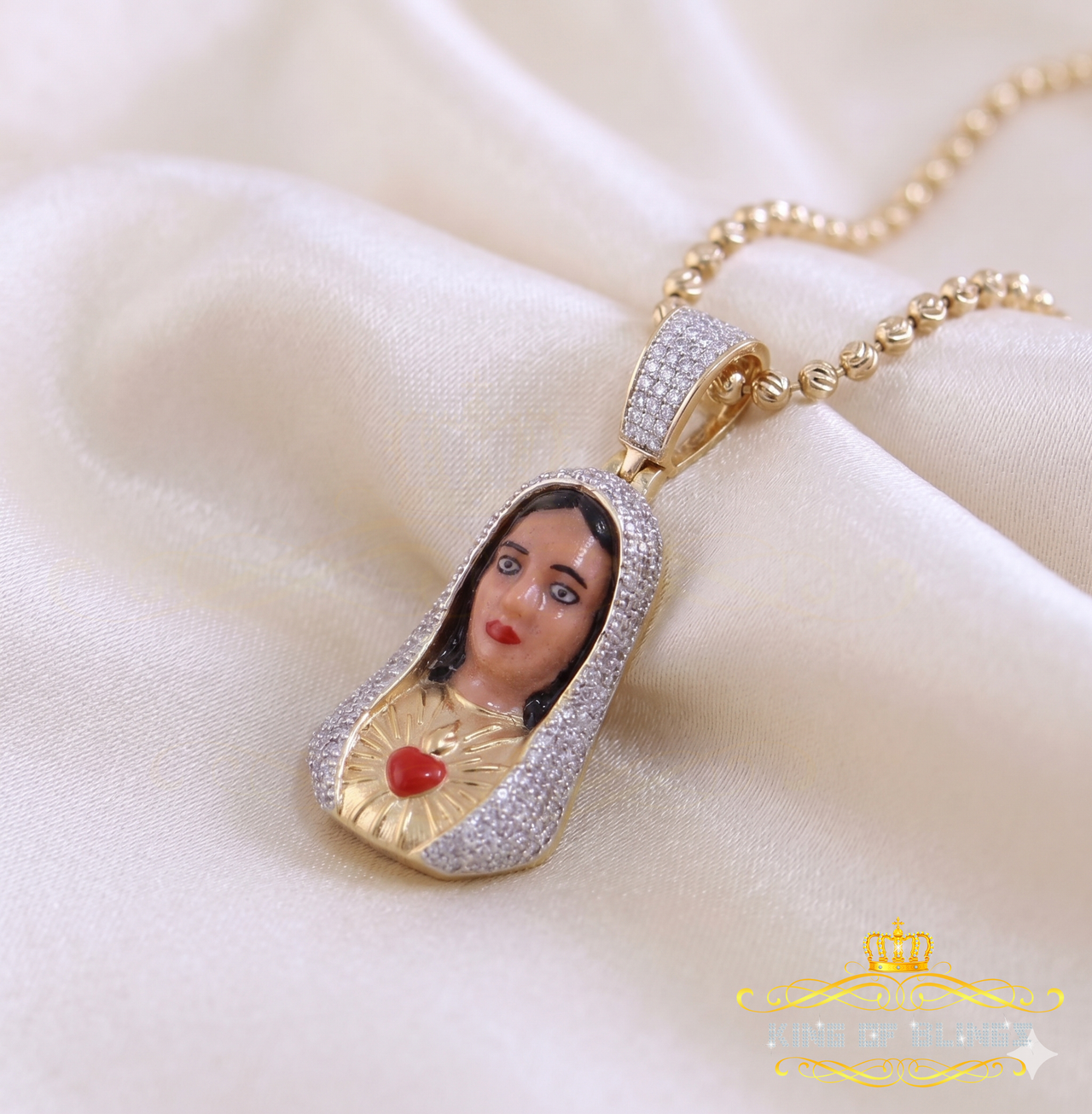 King Of Bling's 925 Silver Yellow Immaculate Heart MOTHER MARY 1.70 inch Pendant 3ct Moissanite