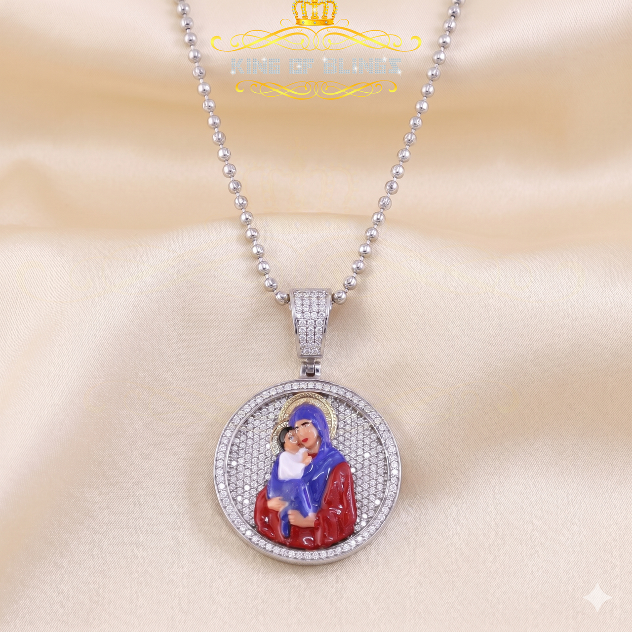 King Of Bling's 5.00ct Moissanite White 925 Silver Jesus & Mother Marry Round 1.50 inch Pendant