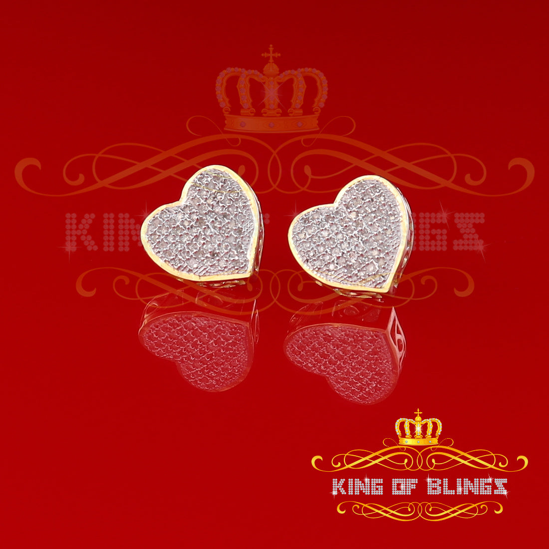 King of Blings-Micro Pave 0.25ct Real Diamonds 925 Yellow Silver Women's & Men's Heart Earrings