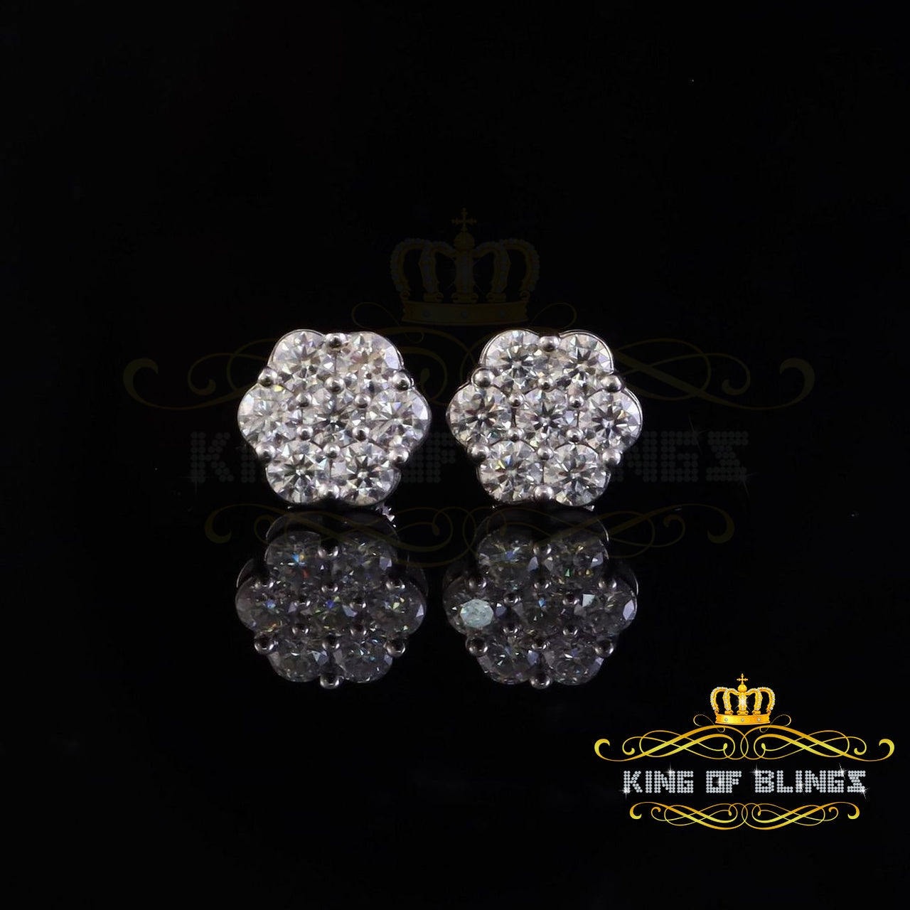 King of Bling's New Men's/Women's 925 Silver White 2.25ct VVS 'D' Moissanite flower Stud Earrings