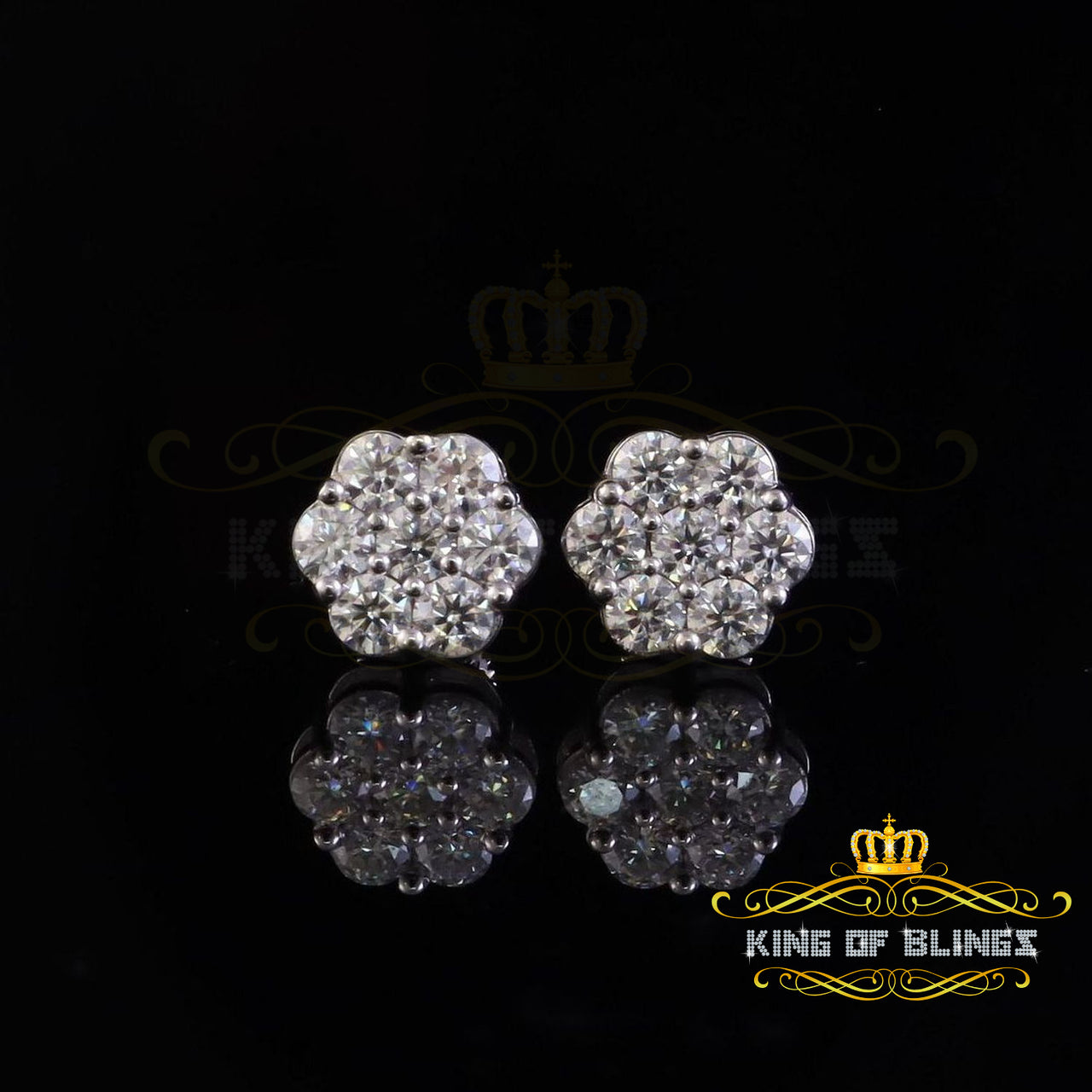 King of Bling's New Men's/Women's 925 Silver White 2.25ct VVS 'D' Moissanite flower Stud Earrings