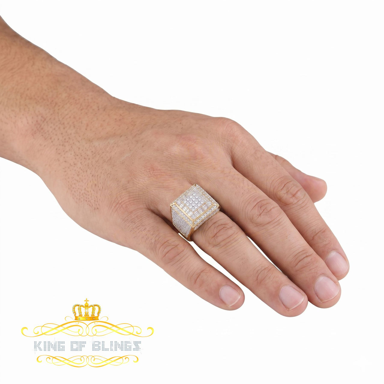 King of Bling's Men's 925 Sterling Silver 5.50ct VVS 'D' Moissanite Yellow Square Rings Size 10