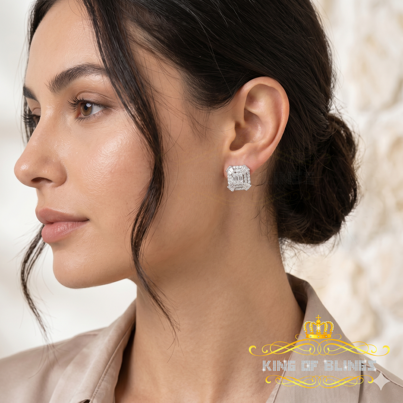 King of Bling's 925 White Silver 1.25ct VVS 'D' Moissanite Rectangle Stud Earring Men's/Womens