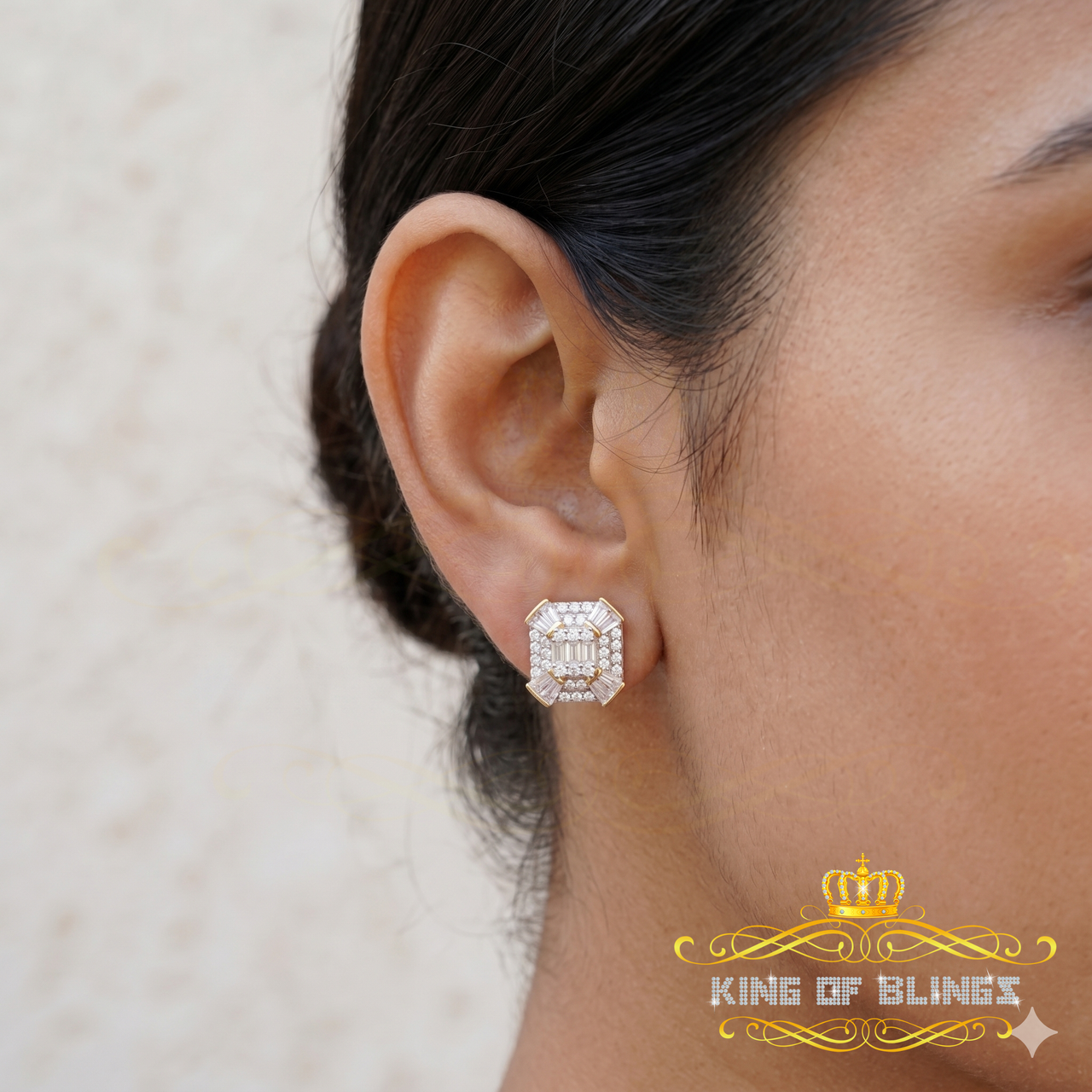 King  of Bling's 925 Yellow Silver 1.25ct VVS 'D' Moissanite Rectangle Stud Earring Men's/Womens