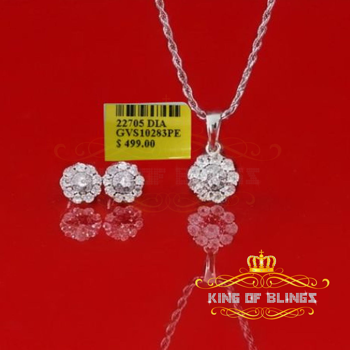 King of Bling's 925 White Sterling Silver 0.33 CTW Genuine Diamond Round Pendant & Earrings Set King of Blings