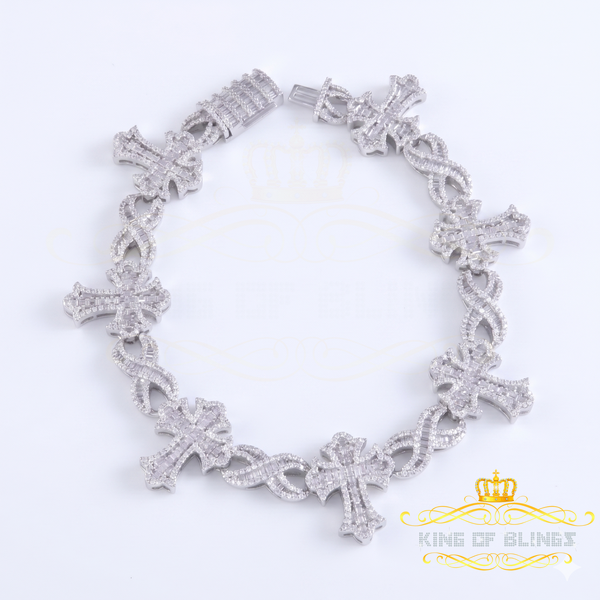 King Of Bling's 925 Silver White 9.00ct Moissanite budded cross Men's/Womens Bracelet 8 Inch.