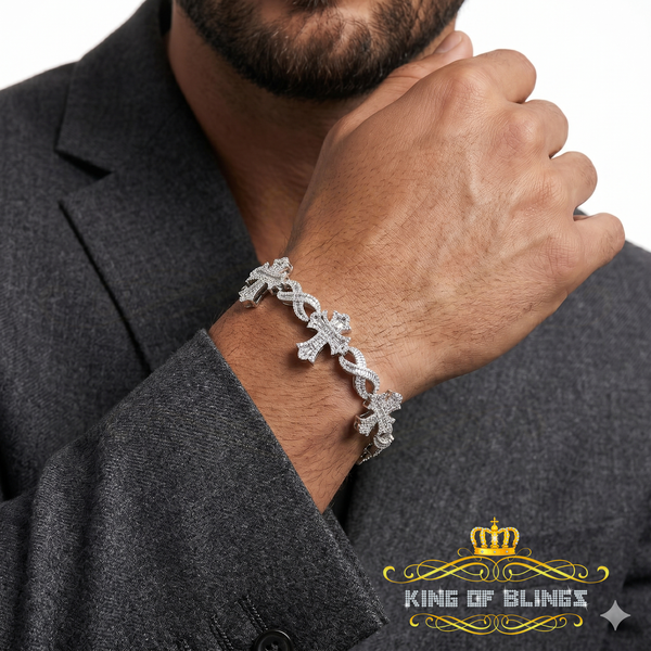 King Of Bling's 925 Silver White 9.00ct Moissanite budded cross Men's/Womens Bracelet 8 Inch.