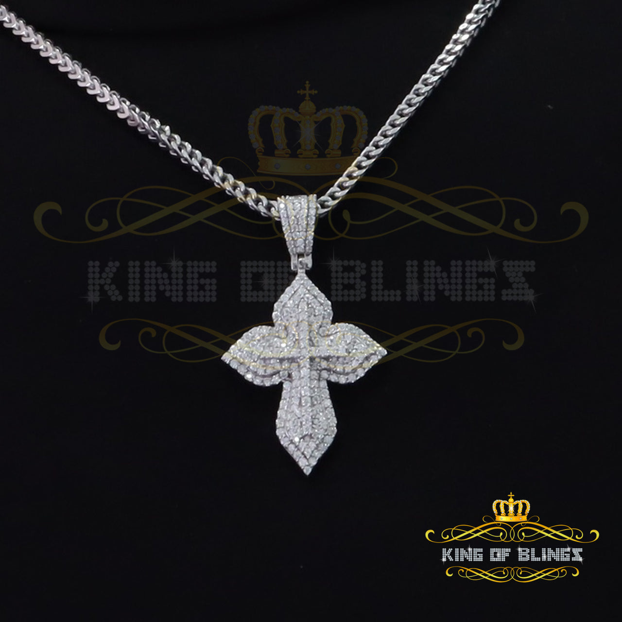 King Of Bling's 3.0ct VVS D Moissanite White Silver Charm Cross Floury Pendant Men's & Women's