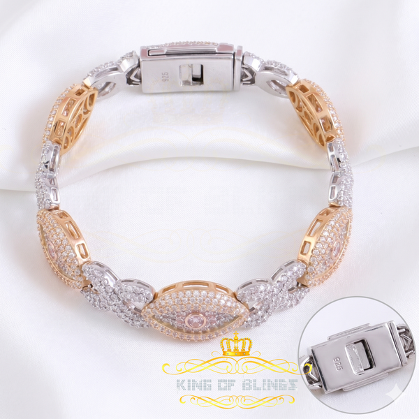 King Of Bling's 925 Silver White 15.00ct Moissanite Evil Eye Mens/Womens link Bracelet 8 Inch.