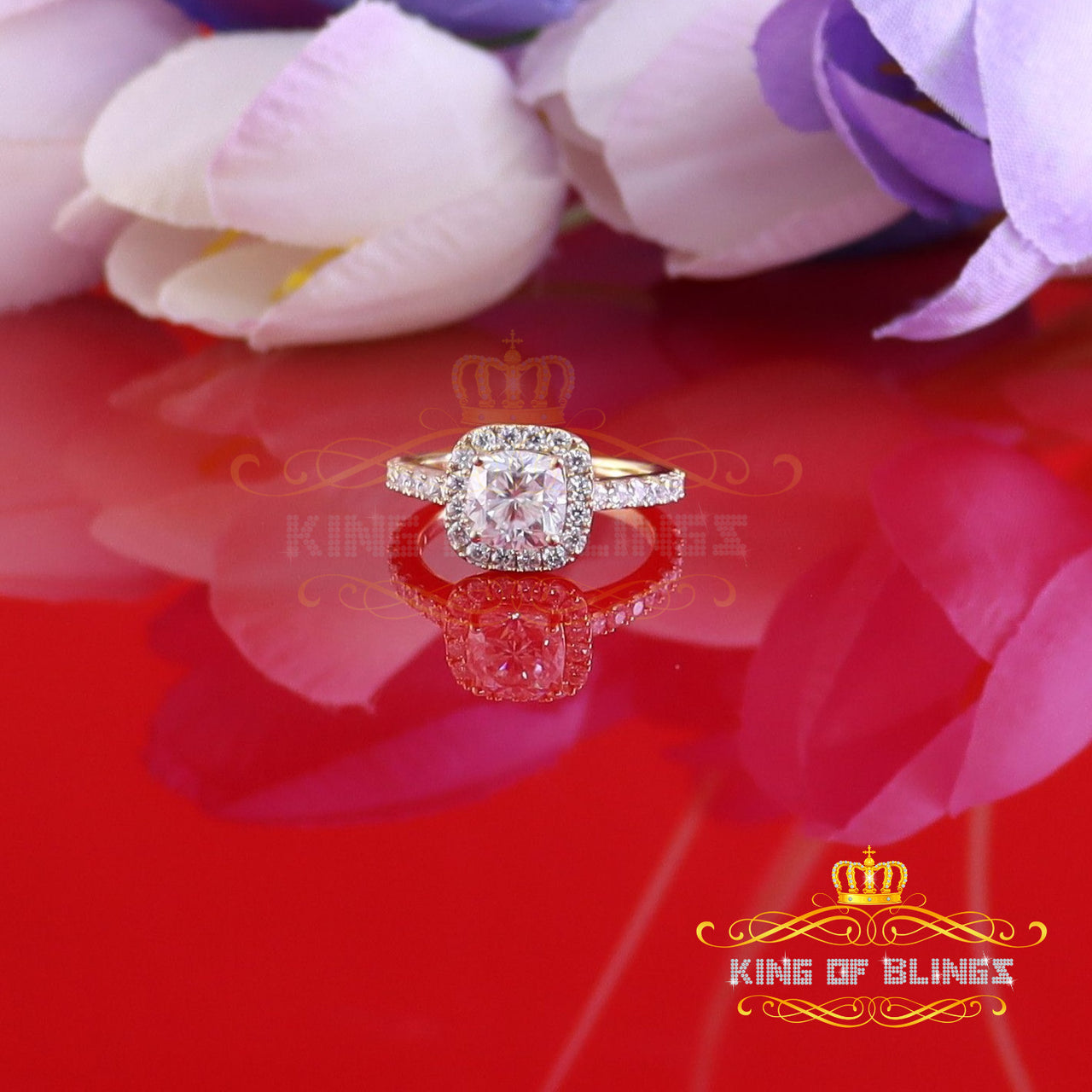 King Of Blings  10K Yellow Gold 2.50CT 'VVS' 'FL' D clr Moissonite Womens Cushion Cut Ring S/7 KING OF BLINGS
