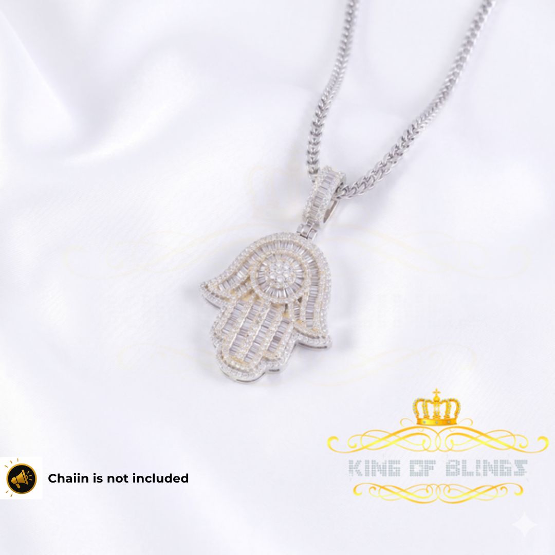 King Of Bling's 4.00ct VVS D Moissanite Baggutte Shape White Silver Hamsa Pendant Men & Women