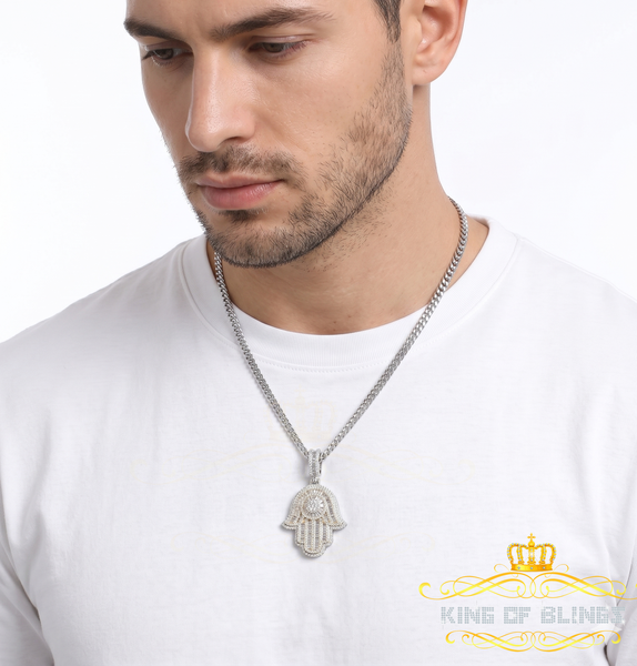 King Of Bling's 4.00ct VVS D Moissanite Baggutte Shape White Silver Hamsa Pendant Men & Women