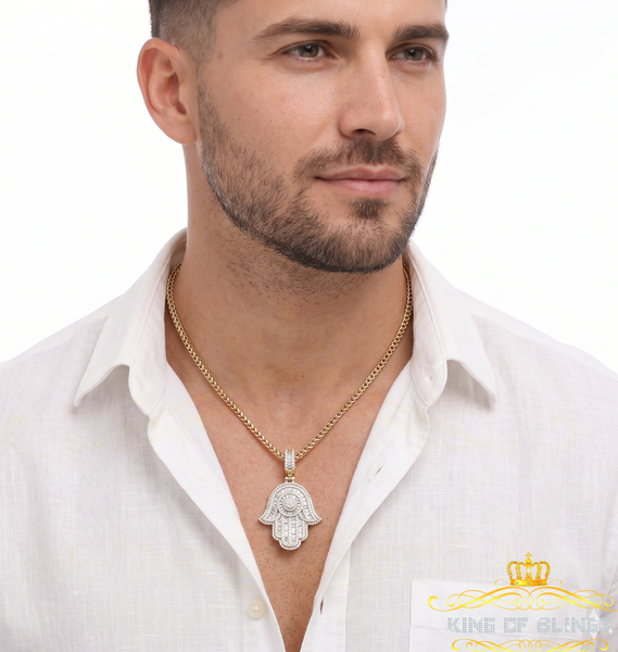 King Of Bling's 925 Moissanite Hamsa Silver Yellow Pendant 4.00ct VVS D Baggutte For Men & Women