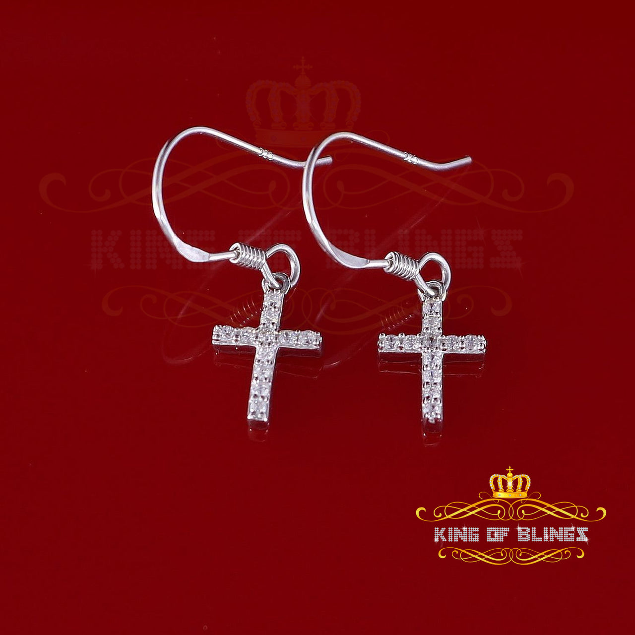 King of Bling's White Sterling Silver 0.27ct Cubic Zirconia Men & Women Dangling Cross Earring