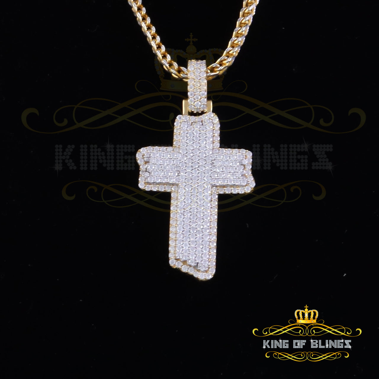 King Of Bling's Men's & Women 3.0ct VVS D Moissanite Yellow Sterling Silver Charm Cross Pendant KING OF BLINGS