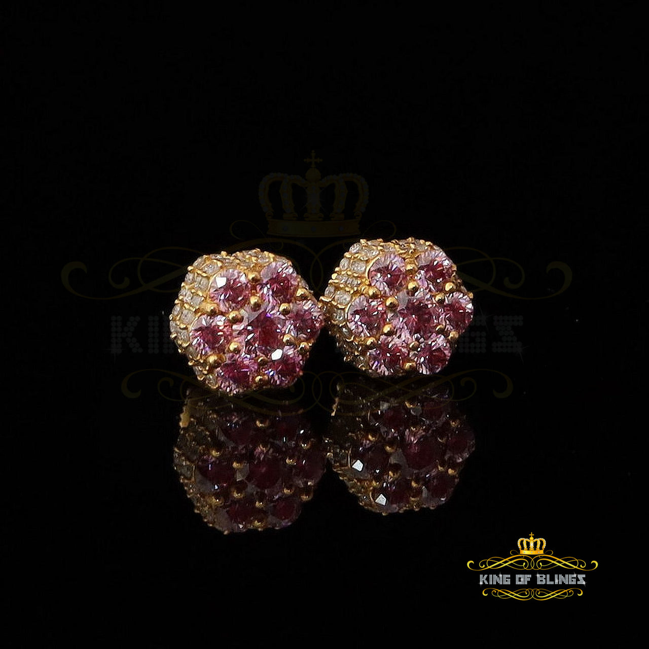 King  of Bling's 2.00CT VVS D Pink Moissanite Men's/Women 925 Yellow Silver Floral Stud Earrings