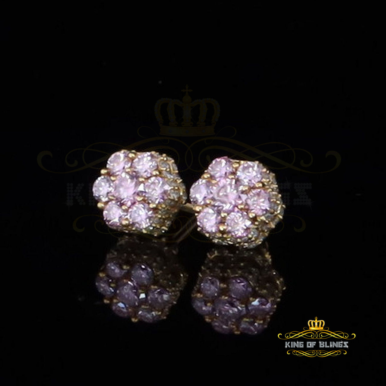 King  of Bling's Men/Women's 925 Silver Yellow 2.50ct VVS D Pink Moissanite Floral Stud Earrings