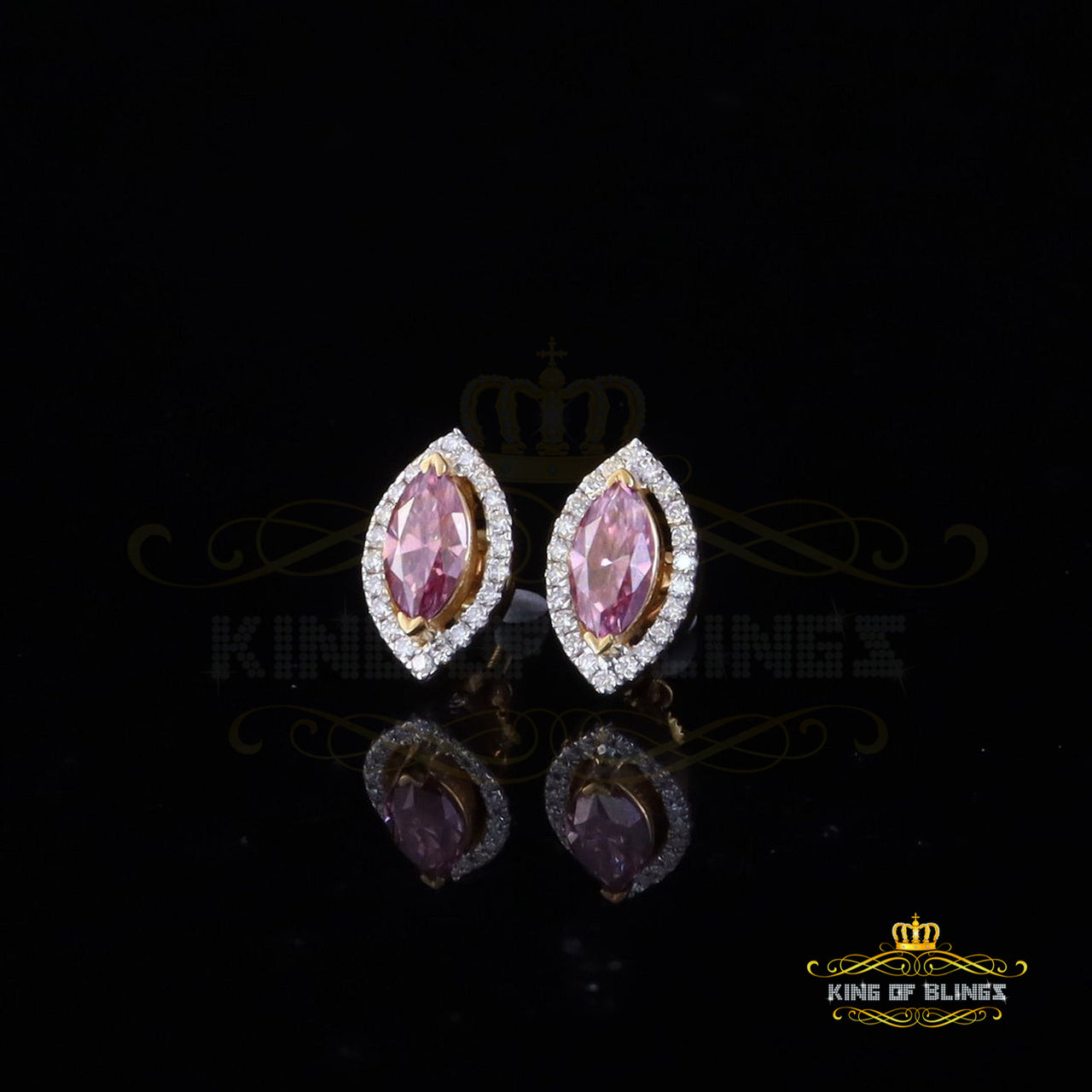 King  of Bling's 1.25CT VVS 'D' Pink Moissanite Men's/Women 925 Yellow Silver Stud Earrings